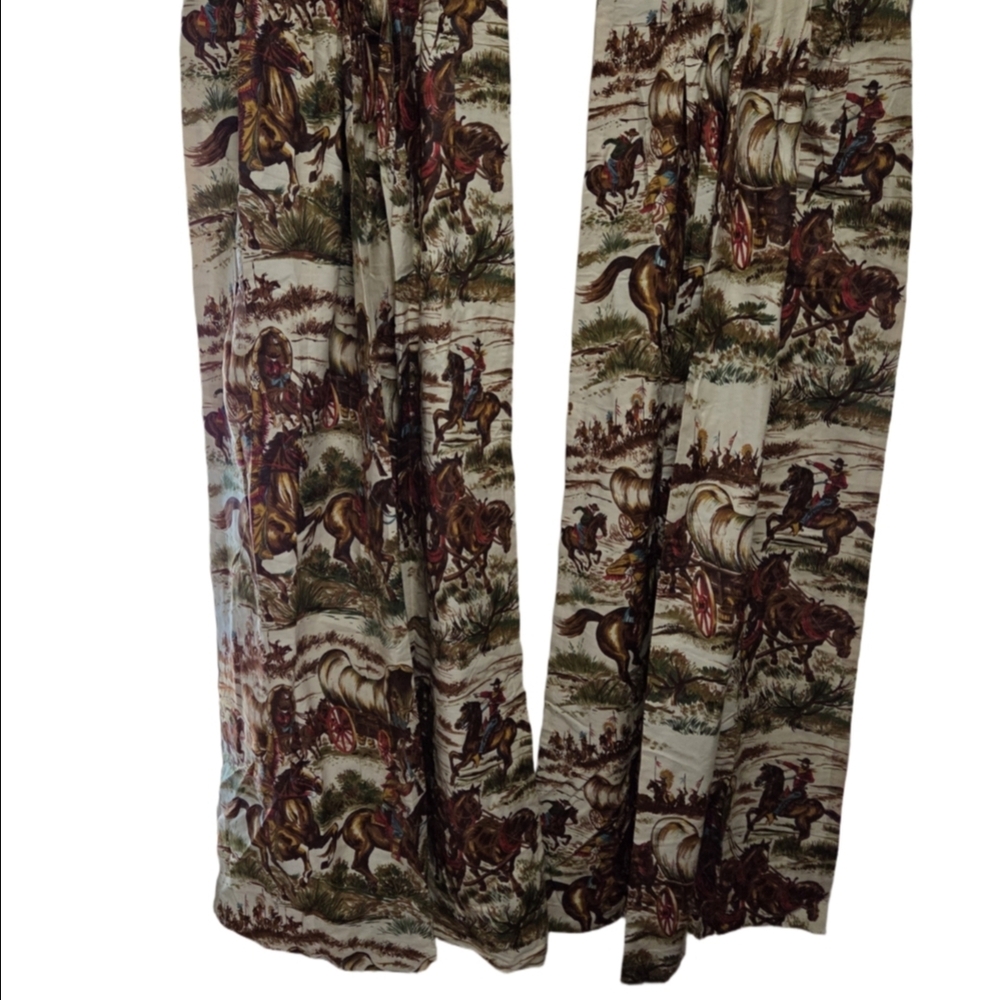 Vintage America Western Print Curtains Featuring Cowboys Horse And Covered Wagon